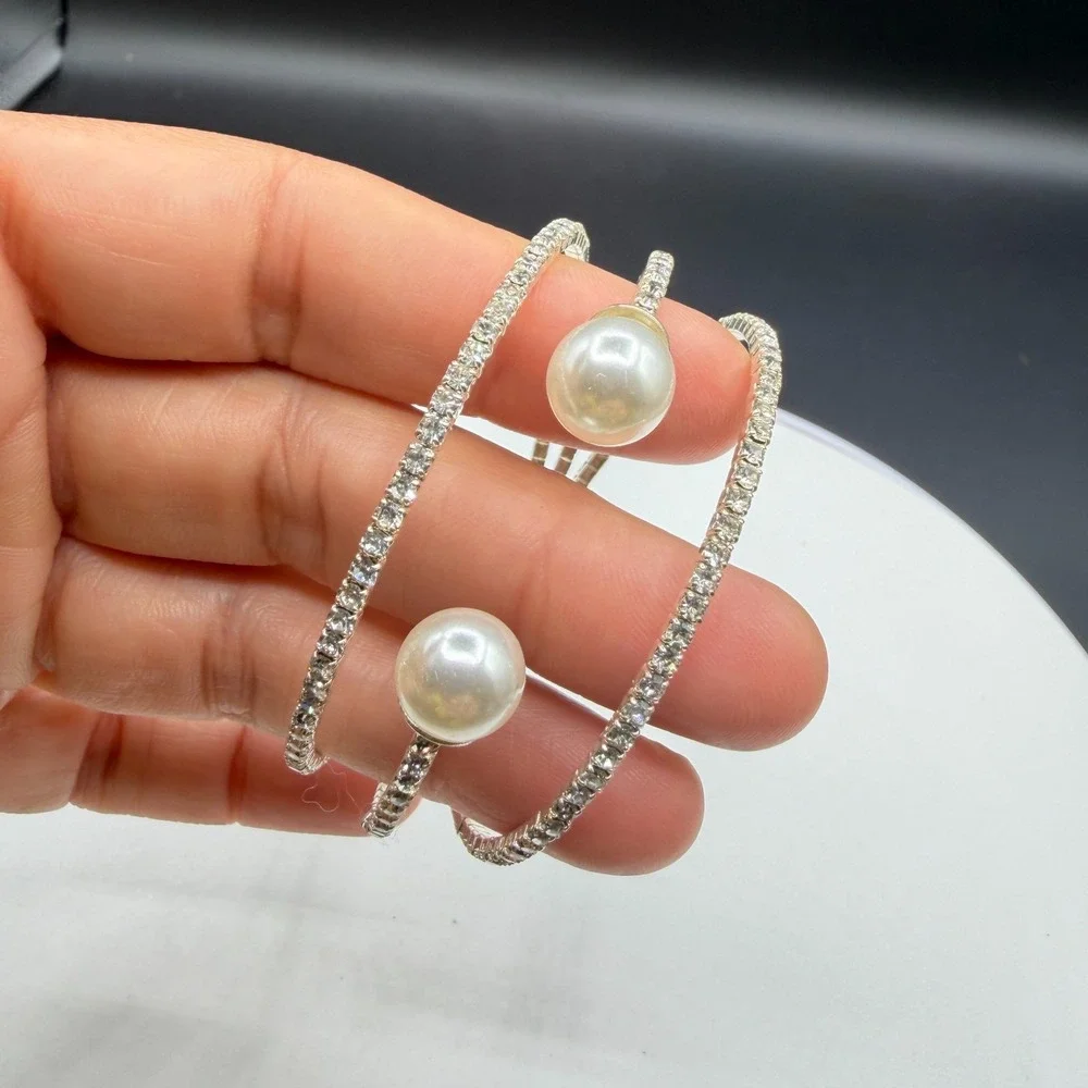 Clear Rhinestone Faux Pearl Silver Tone Triple Row Cuff Wrap Bracelet Bridal